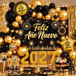 SET DE GLOBOS ARCO XL FELIZ A�O NUEVO ORO Y NEGRO (XY-10214) 100 UNIDADES